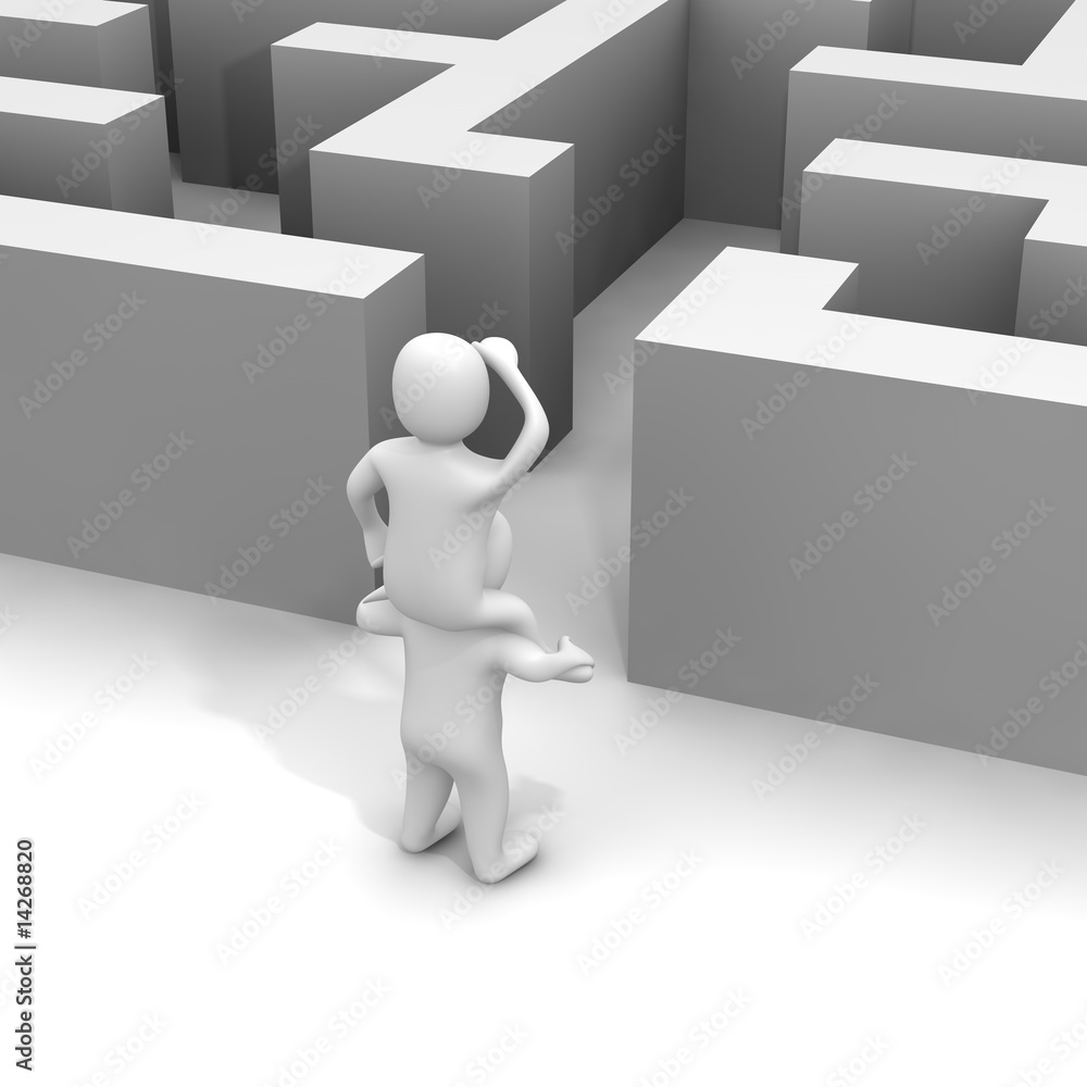 Poster finding path through labyrinth. 3d rendered illustration.