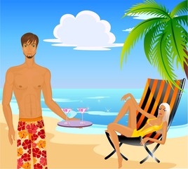 The beautiful woman and the man on a beach