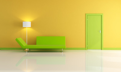 yellow living room with green door-rendering