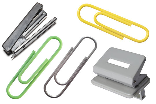Stapler, puncher and paper clips