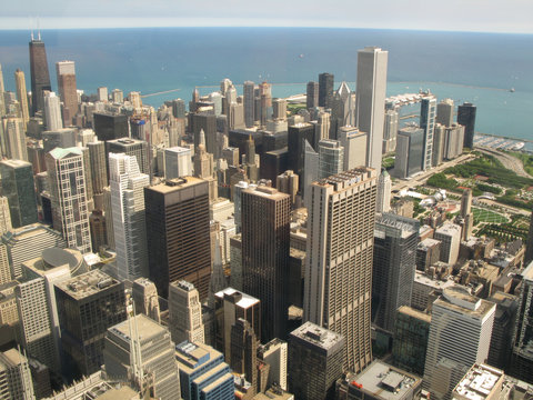 Aerial view of Chicago, Illinois looking north-east from the Sea