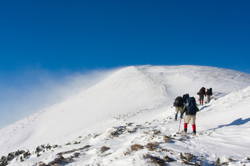 Hikers are in winter in mountains