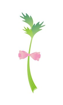 Celery with pink bow, on white background