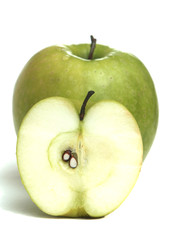 Two different green apples on a white background