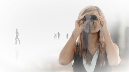 Smiling businesswoman looking through binoculars - Powered by Adobe