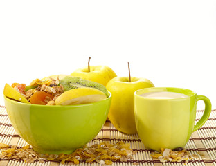 muesli with milk and fruits on white