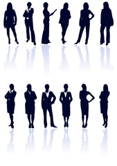 Set of dark blue vector business woman silhouettes.