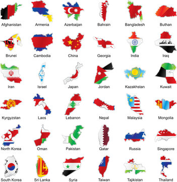 vector isolated asian flags in map shape