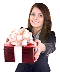 Beautiful girl in business suit  with gift box.