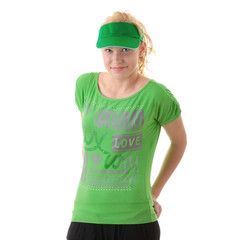 Young beautiful blond woman with green cap