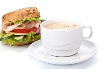 Ham sandwich and cup of coffee