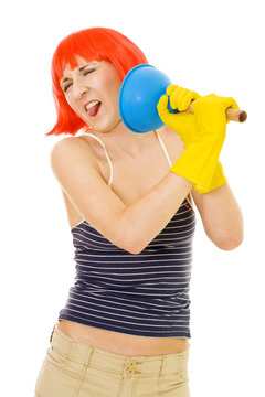 Woman with disgusted cleaning tool