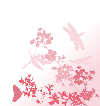 flowers and dragonflies in pink
