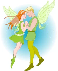 Poster de jardin Monde magique Couple de fées sur une mouche romantique