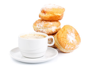 Sweet donuts and cup of black coffee