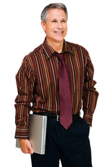 Businessman day dreaming and holding laptop