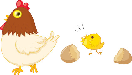 Hen and chicken hatched from an egg