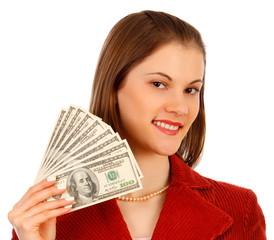 Attractive business woman with money. Isolated on white.