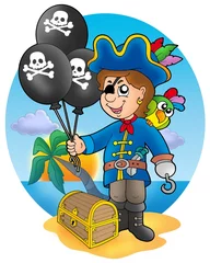 Abwaschbare Fototapete Piraten Piratenjunge mit Luftballons am Strand