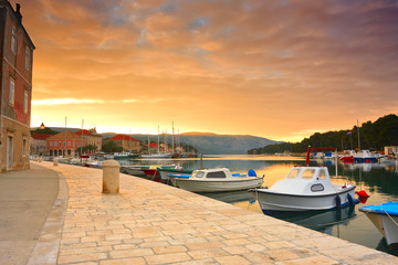 quay of mediterranean town Stari Grad at sunset (Croatia, Hvar) - obrazy, fototapety, plakaty