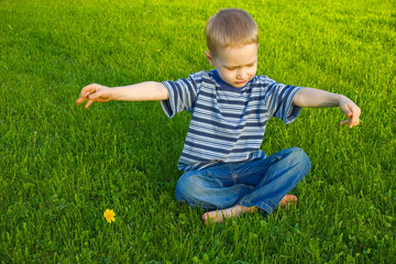 Fototapeta premium Boy sits on grass