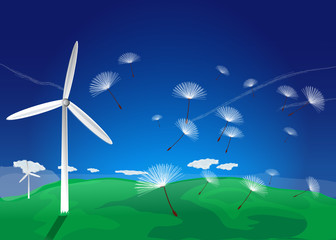 Wind turbine with dandelion seeds landscape