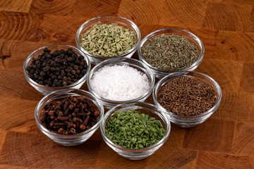 indian spices on wooden table