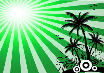 Insel mit grüner Sonne im Hintergrund