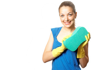 A cute woman maid cleaner with sponge