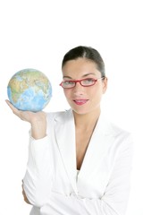 Blue global world map in businesswoman hands
