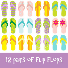 12 pairs of brighty colored flip flops - thongs