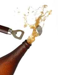 Opening a bottle of cold beer, splash image. White background