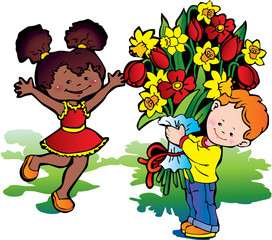 Happy children with bouquet of flowers