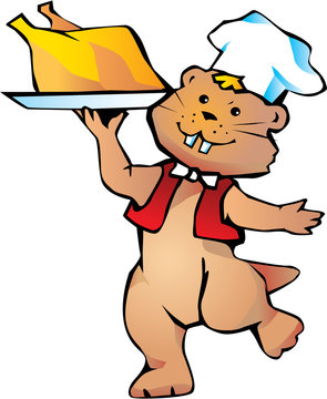 Happy cook beaver with roasted turkey