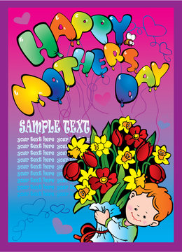 Happy mother's day postcard with happy boy giving flowers