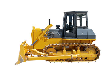 Side view of bulldozer on white