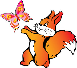Lively squirrel with butterfly on white background
