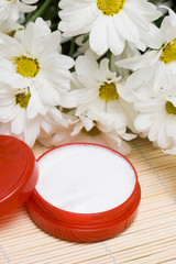 Fototapeta na wymiar cosmetic moisturizing cream with chamomiles