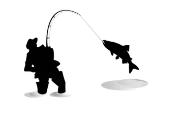 Foto auf Acrylglas Angeln Silhouette eines Fischers mit Lachs