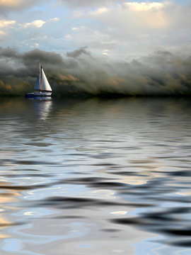Cloudy seascape with alone ship