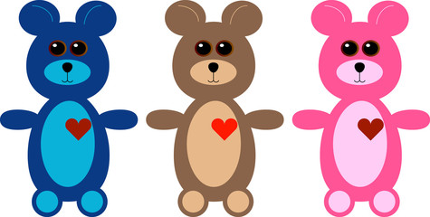 Set of Three Cartoon Teddy Bears