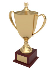 Fototapeta na wymiar Gold trophy cup on wood pedestal