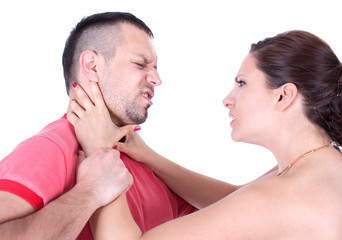 Angry wife from front try to strangle unfaithful husband