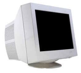 CRT monitor isolated on white side view - obrazy, fototapety, plakaty