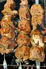 Shish kebab preparation on a brazier. Outdoor picnic. Close up.