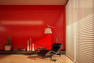 living room in red colour wall - obrazy, fototapety, plakaty