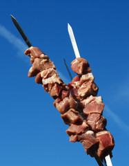 Shashlik on the blue sky background.