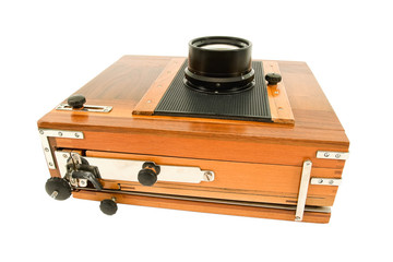 Old wooden analog camera on a white background