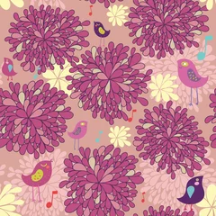 Gordijnen Summer floral seamless pattern with cartoon birds © smilewithjul