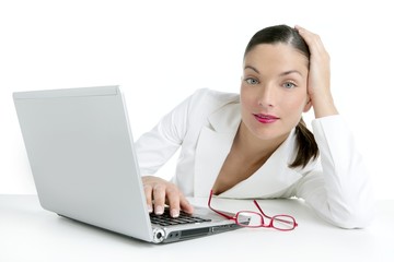Beautiful white image of businesswoman and laptop